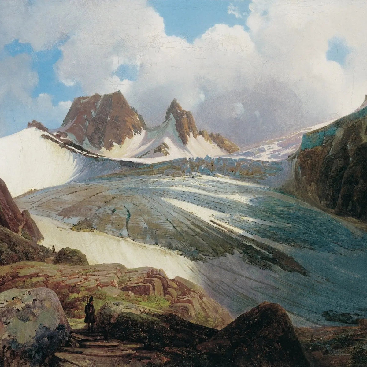 Landscape Oil Painting - Mountain Glacier with Figure - Oil Painting Haven