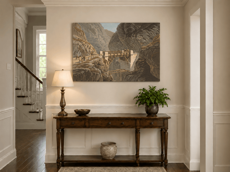 Landscape Oil Painting - Mountain Gorge Bridge with Travelers