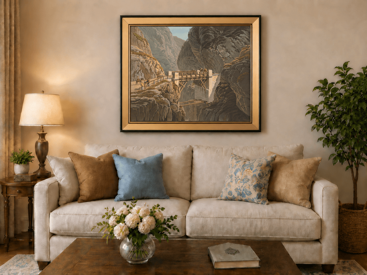 Landscape Oil Painting - Mountain Gorge Bridge with Travelers