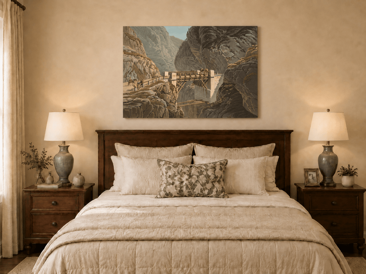 Landscape Oil Painting - Mountain Gorge Bridge with Travelers