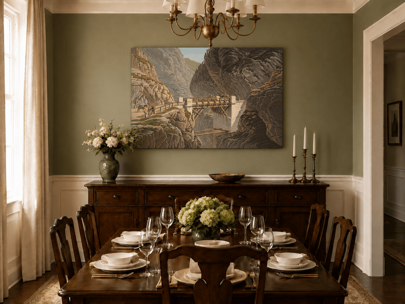 Landscape Oil Painting - Mountain Gorge Bridge with Travelers