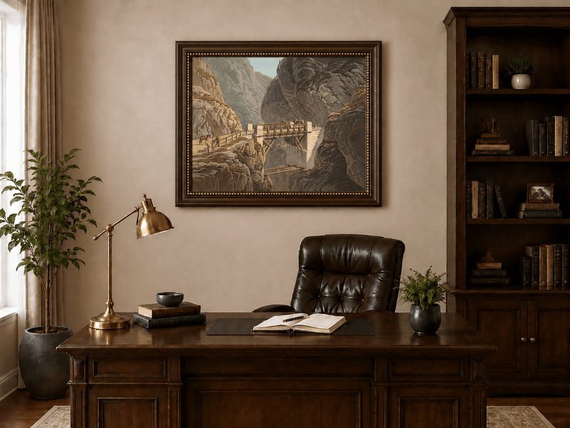 Landscape Oil Painting - Mountain Gorge Bridge with Travelers