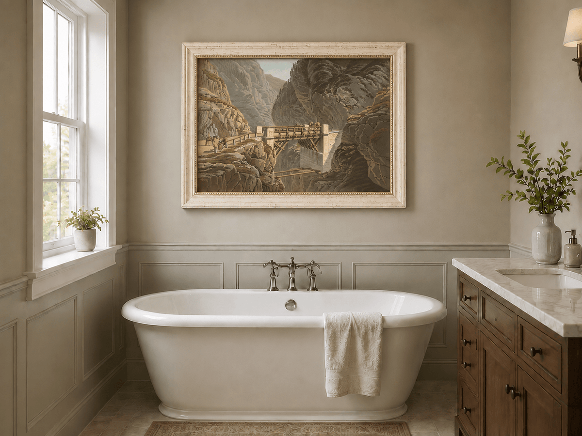 Landscape Oil Painting - Mountain Gorge Bridge with Travelers