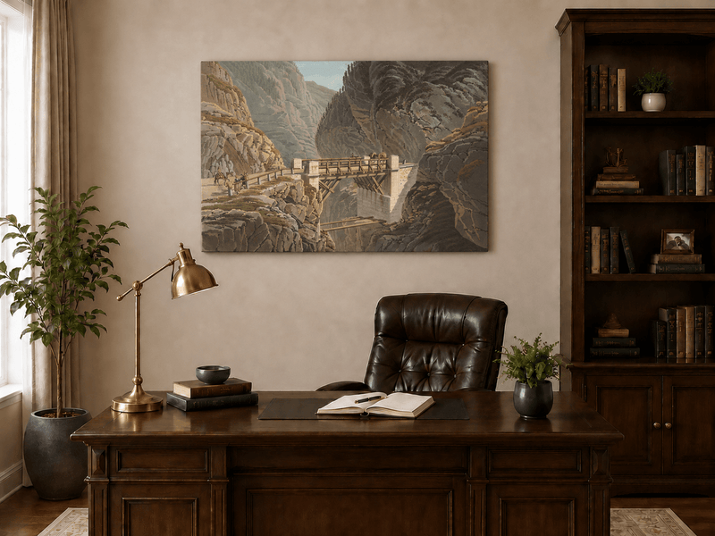 Landscape Oil Painting - Mountain Gorge Bridge with Travelers