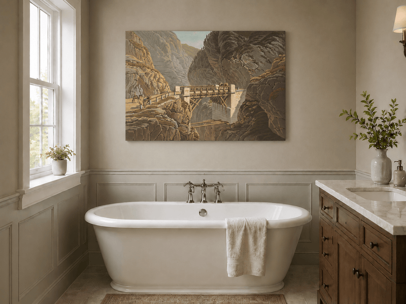 Landscape Oil Painting - Mountain Gorge Bridge with Travelers