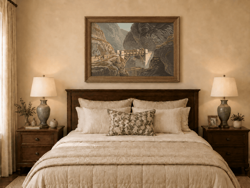 Landscape Oil Painting - Mountain Gorge Bridge with Travelers