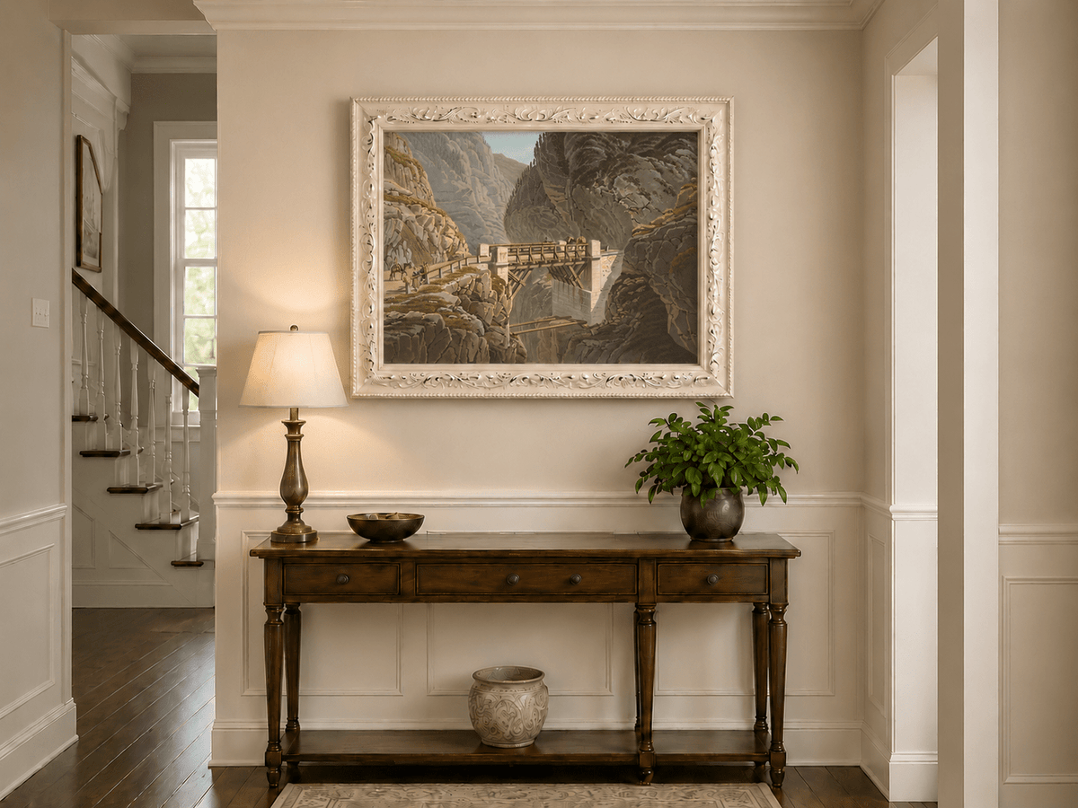 Landscape Oil Painting - Mountain Gorge Bridge with Travelers