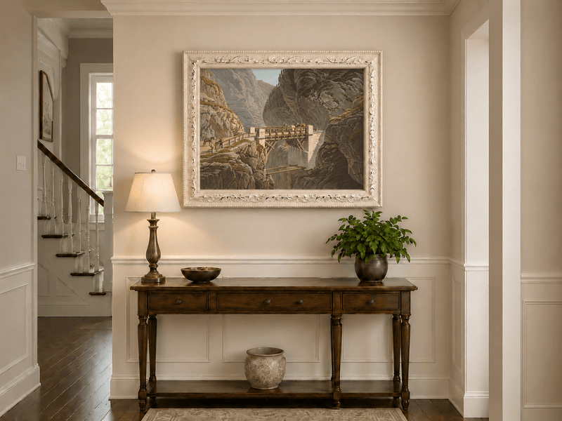 Landscape Oil Painting - Mountain Gorge Bridge with Travelers
