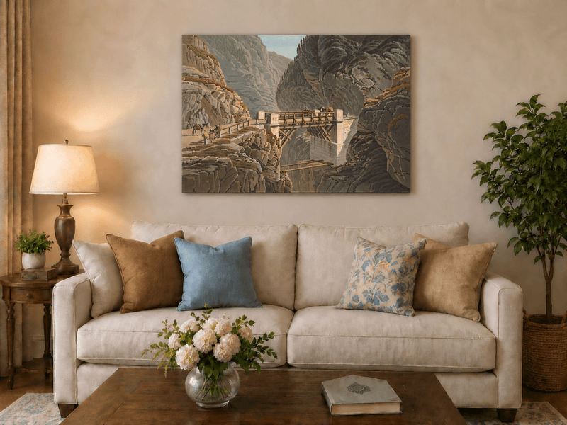 Landscape Oil Painting - Mountain Gorge Bridge with Travelers
