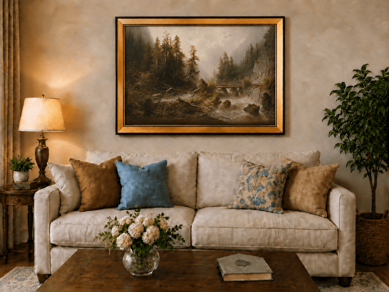 Landscape Oil Painting - Mountain Gorge , Forest Stream, Wooden