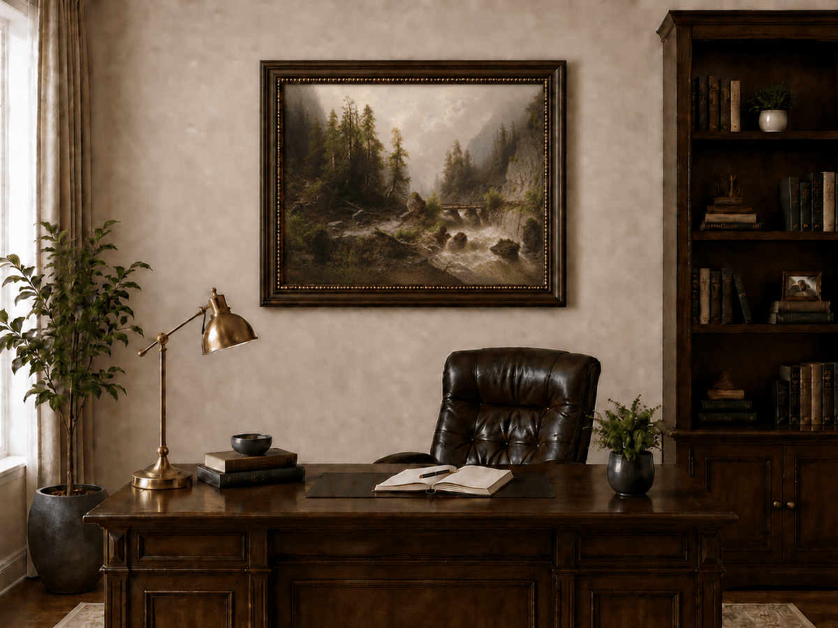 Landscape Oil Painting - Mountain Gorge , Forest Stream, Wooden