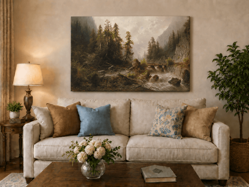 Landscape Oil Painting - Mountain Gorge , Forest Stream, Wooden