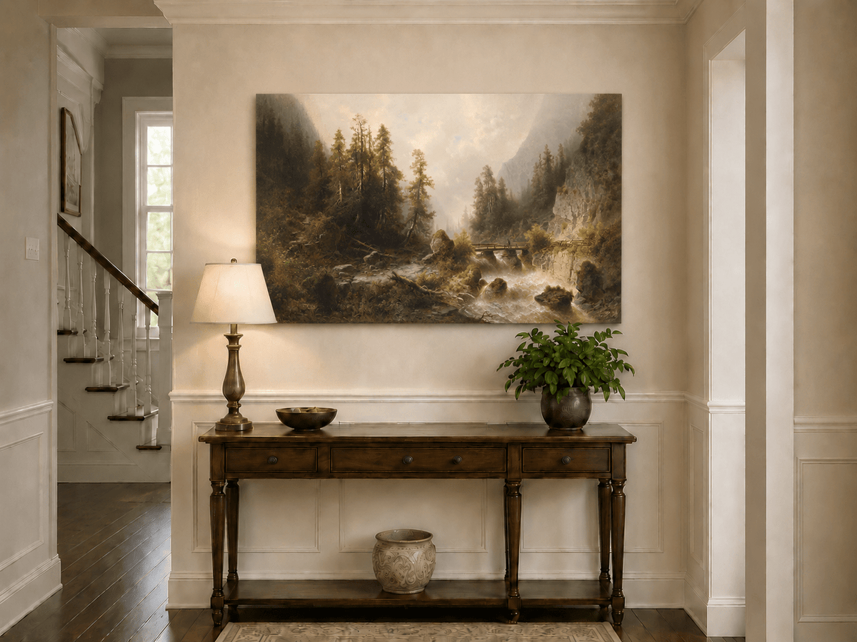 Landscape Oil Painting - Mountain Gorge , Forest Stream, Wooden