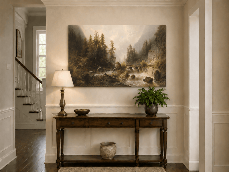 Landscape Oil Painting - Mountain Gorge , Forest Stream, Wooden