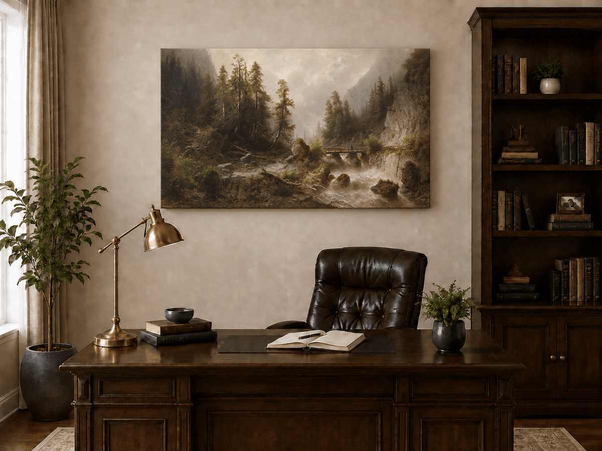 Landscape Oil Painting - Mountain Gorge , Forest Stream, Wooden