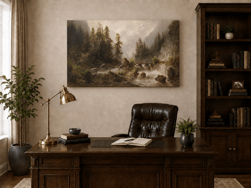 Landscape Oil Painting - Mountain Gorge , Forest Stream, Wooden