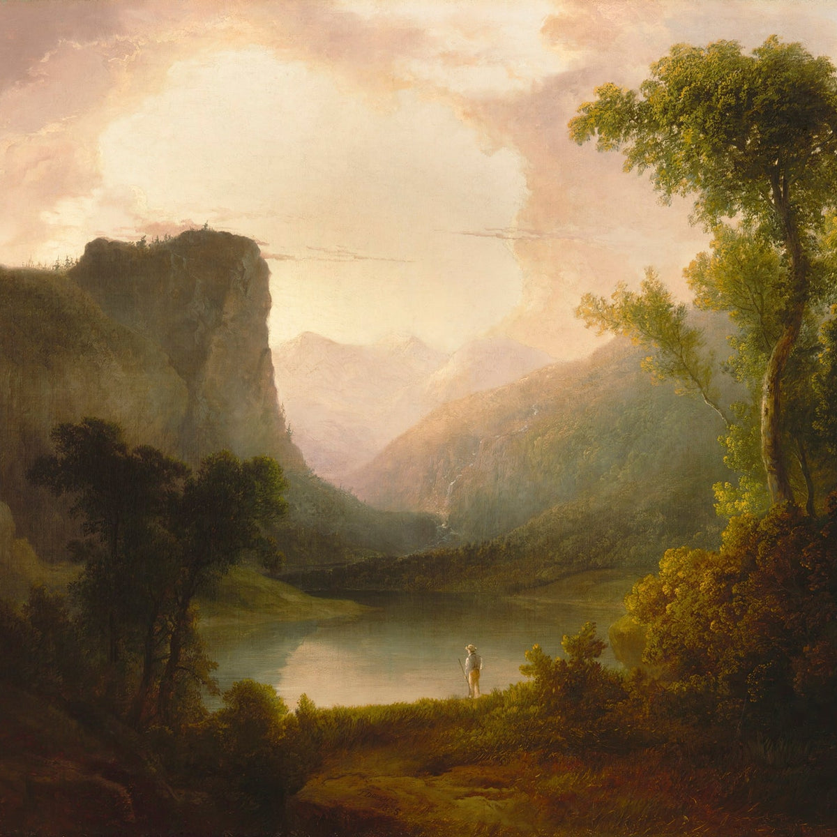 Landscape Oil Painting - Mountain Gorge, Lone Shore Figure & Soft Light - Oil Painting Haven