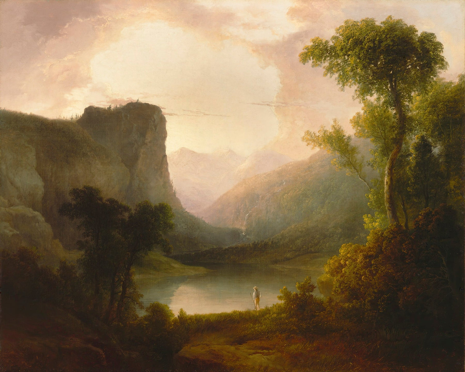 Landscape Oil Painting - Mountain Gorge, Lone Shore Figure & Soft Light - Oil Painting Haven