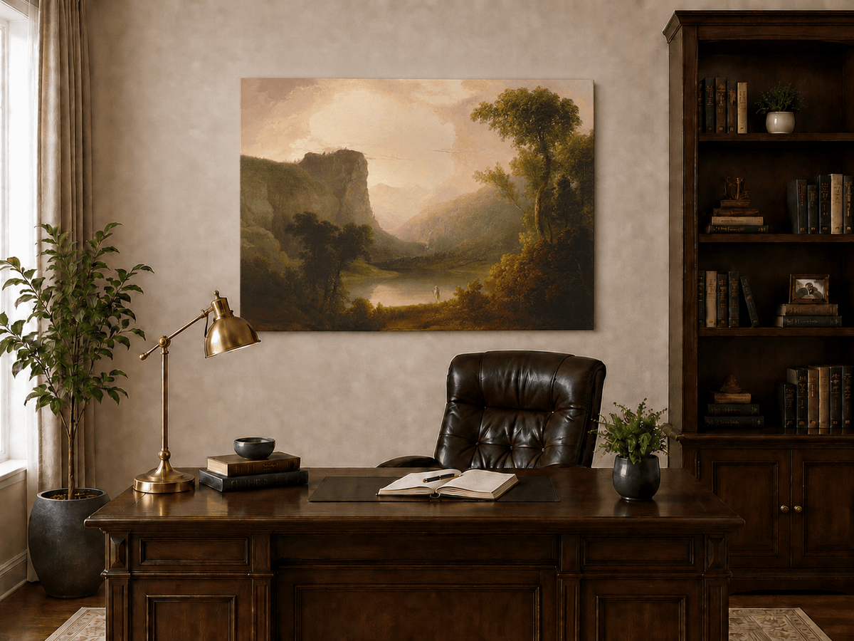 Peinture à l'huile de paysage - Gorges de montagne, silhouette solitaire sur le rivage et douce