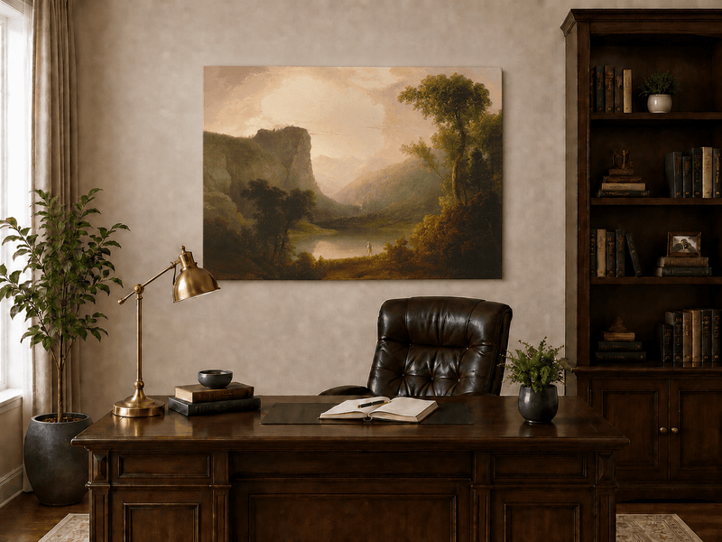 Peinture à l'huile de paysage - Gorges de montagne, silhouette solitaire sur le rivage et douce