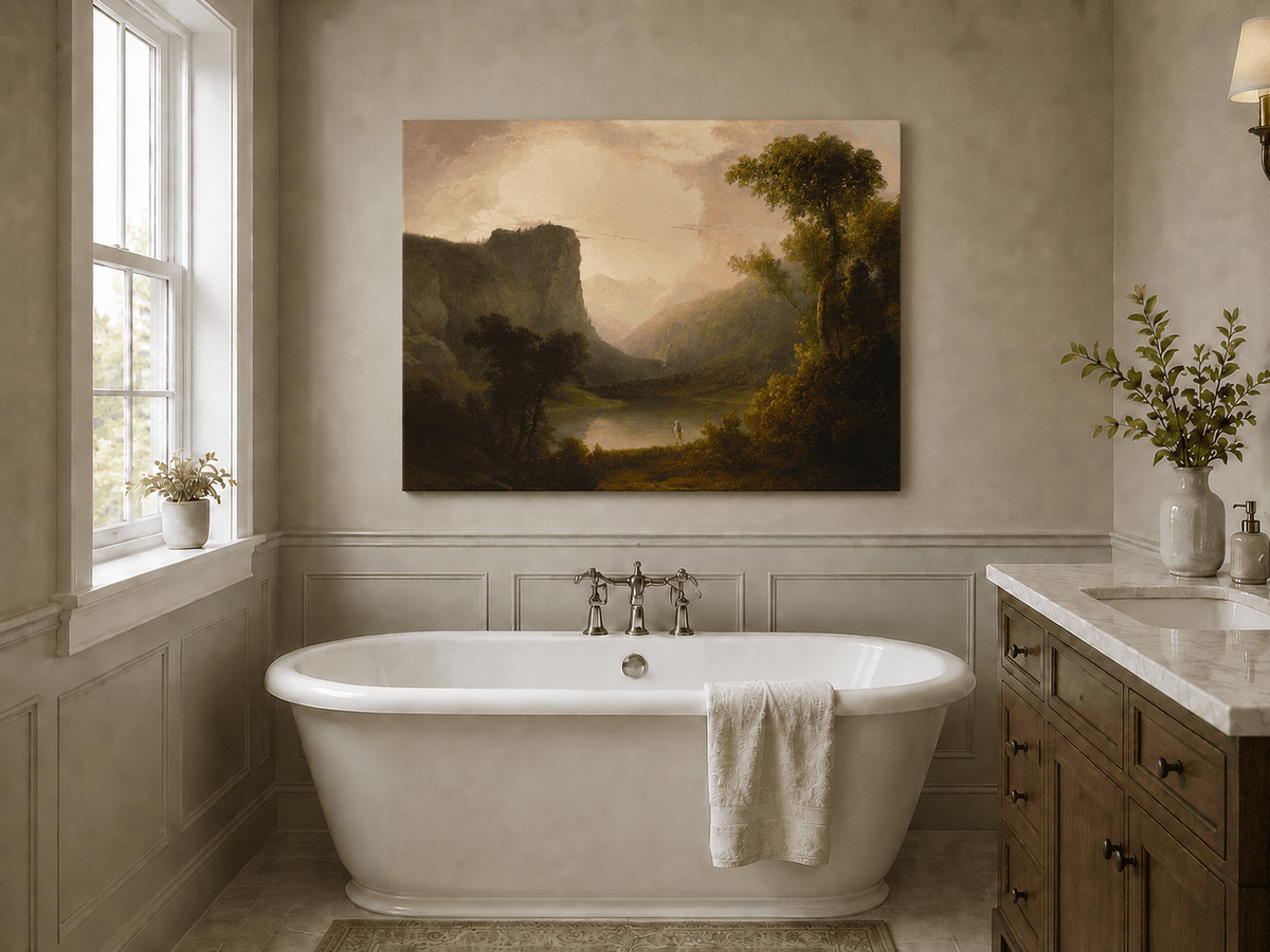 Peinture à l'huile de paysage - Gorges de montagne, silhouette solitaire sur le rivage et douce