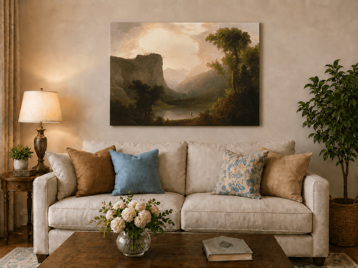 Peinture à l'huile de paysage - Gorges de montagne, silhouette solitaire sur le rivage et douce