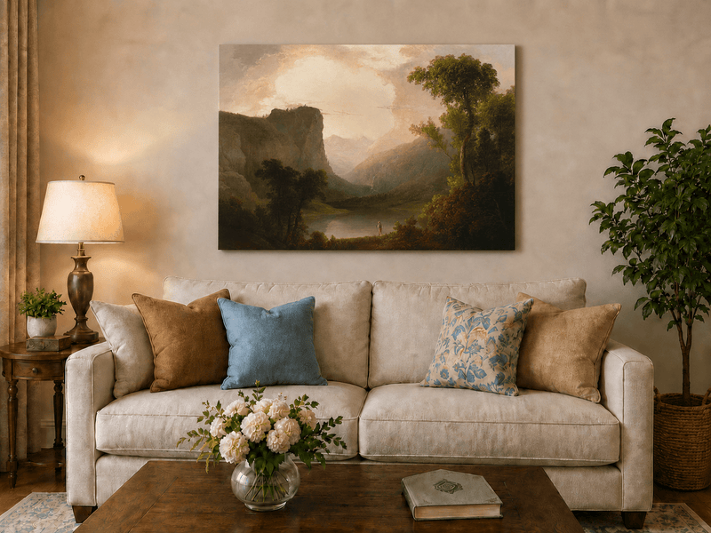 Peinture à l'huile de paysage - Gorges de montagne, silhouette solitaire sur le rivage et douce