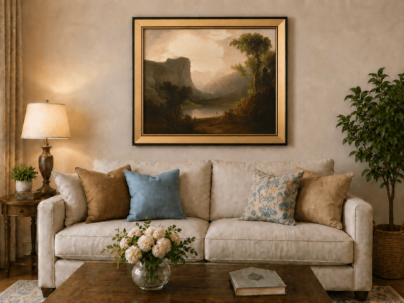 Peinture à l'huile de paysage - Gorges de montagne, silhouette solitaire sur le rivage et douce