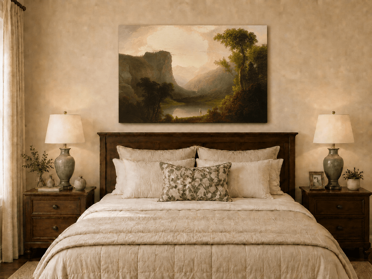 Peinture à l'huile de paysage - Gorges de montagne, silhouette solitaire sur le rivage et douce