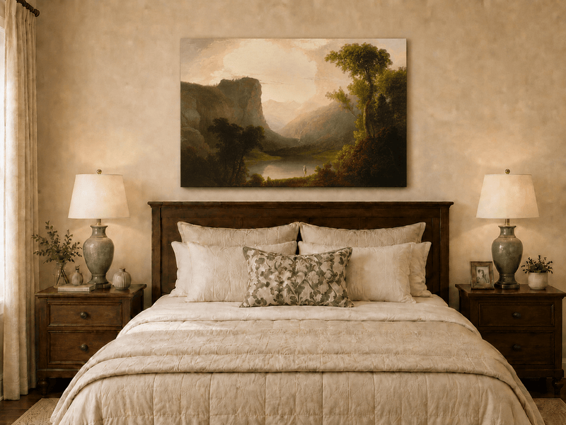 Peinture à l'huile de paysage - Gorges de montagne, silhouette solitaire sur le rivage et douce
