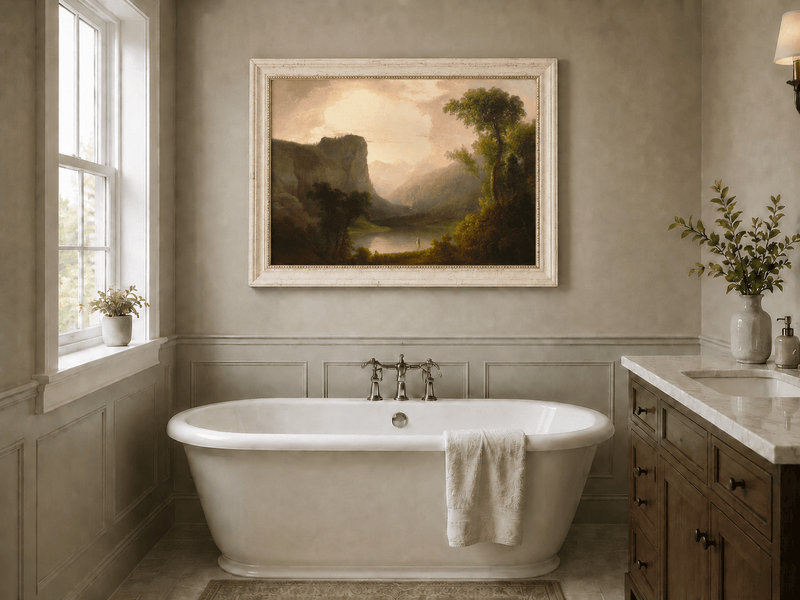 Peinture à l'huile de paysage - Gorges de montagne, silhouette solitaire sur le rivage et douce