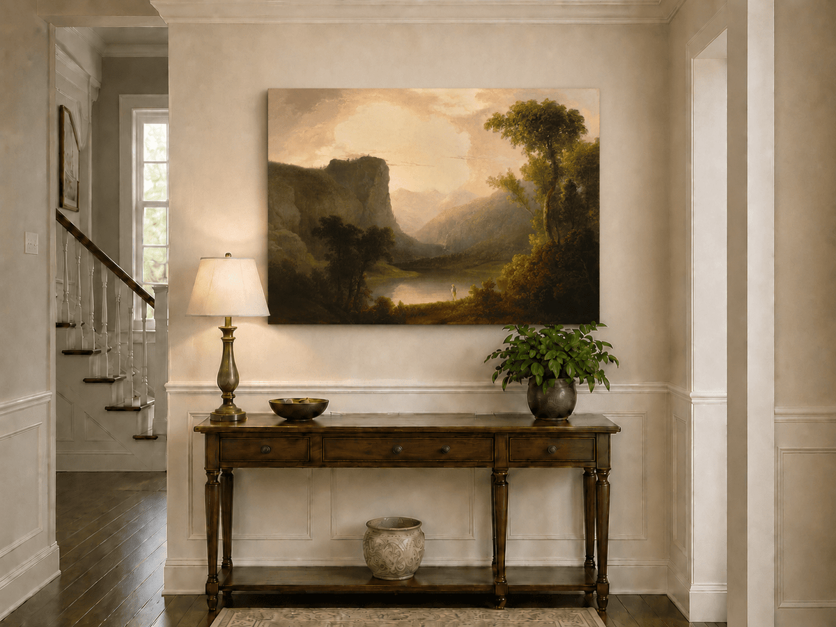 Peinture à l'huile de paysage - Gorges de montagne, silhouette solitaire sur le rivage et douce