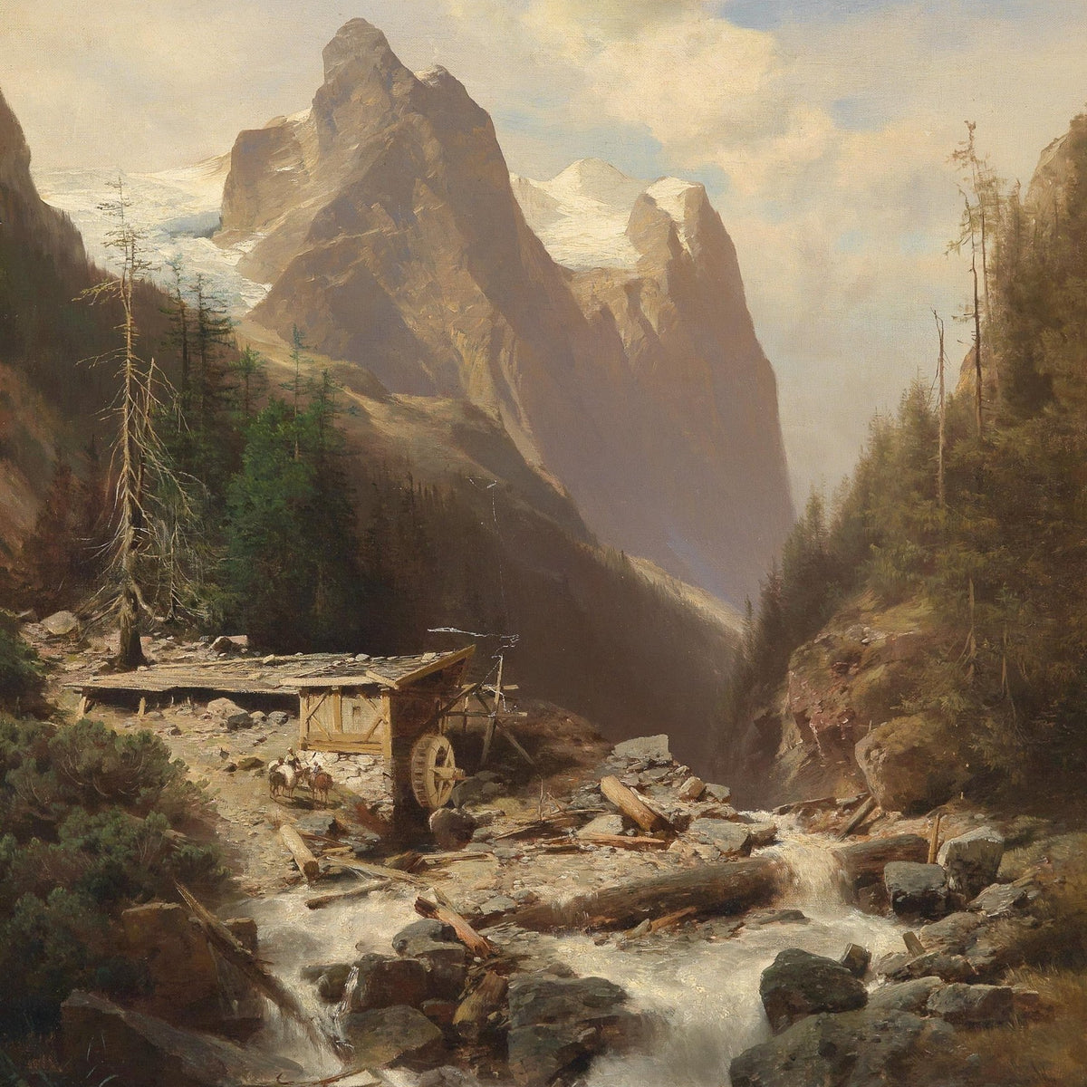 Landscape Oil Painting - Mountain Gorge, Rushing Stream & Snow Peaks - Oil Painting Haven