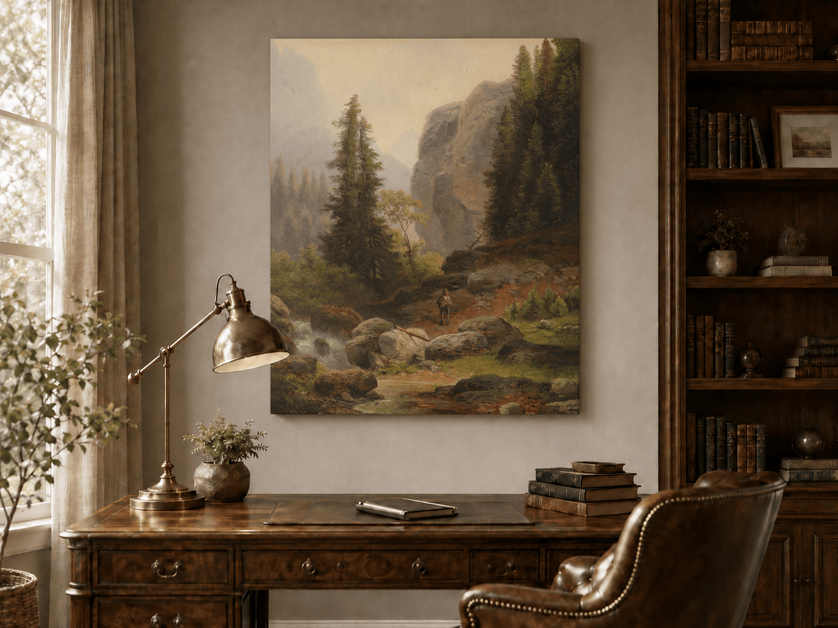 Landscape Oil Painting - Mountain Gorge, Stream & Pine-Filled