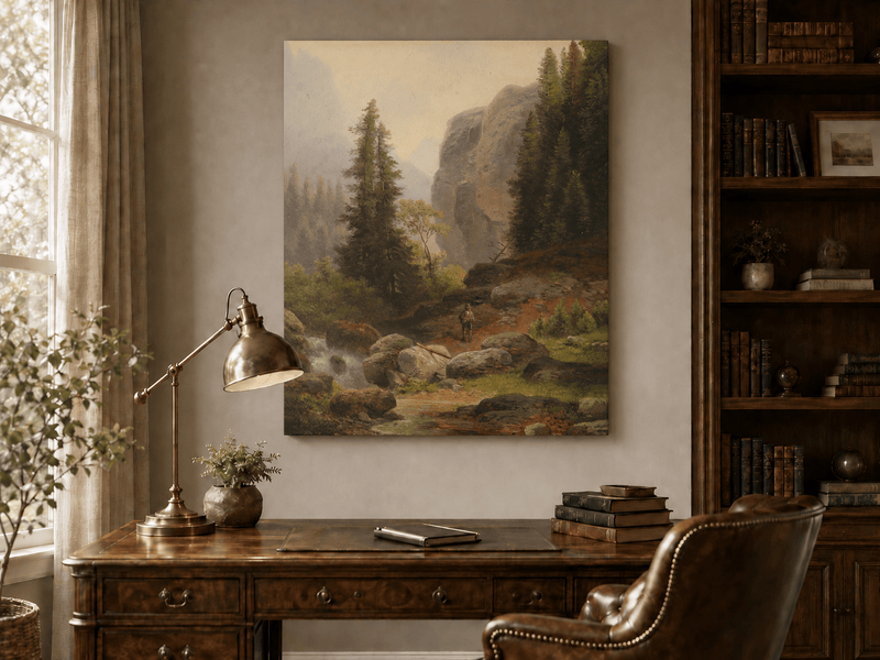 Landscape Oil Painting - Mountain Gorge, Stream & Pine-Filled