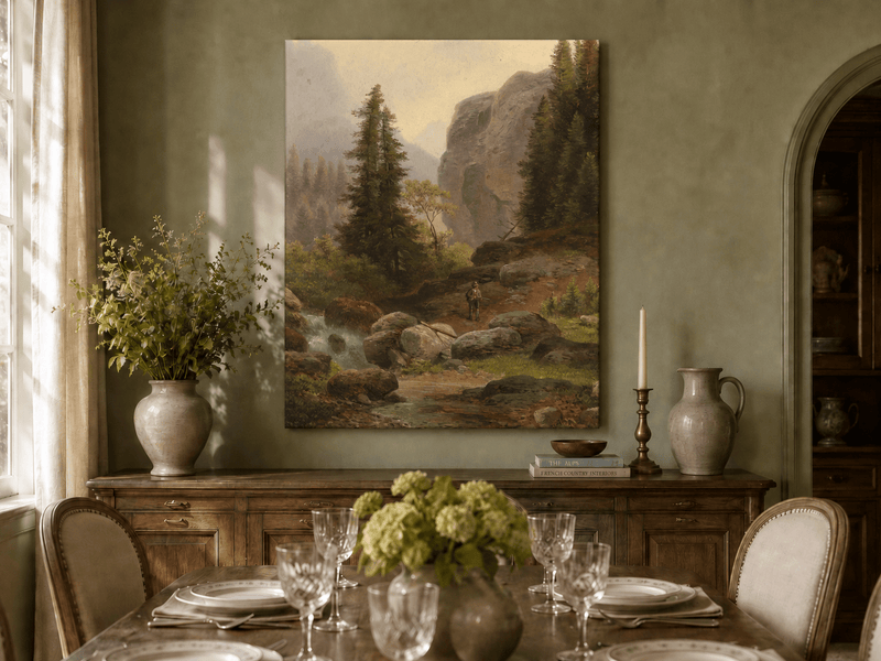 Landscape Oil Painting - Mountain Gorge, Stream & Pine-Filled
