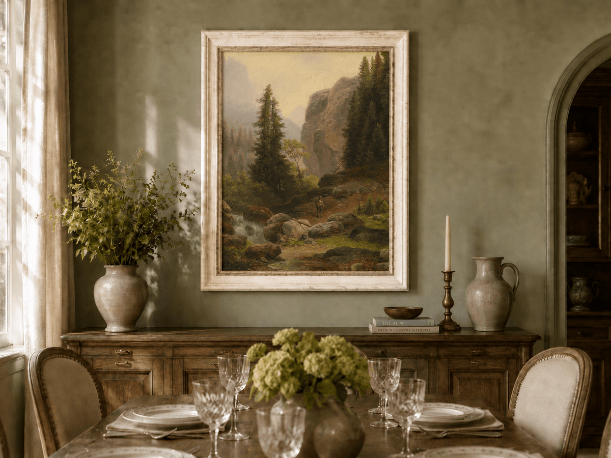Hand-painted mountain gorge, stream and pine-filled rocks landscape oil painting displayed in a dining room interior.