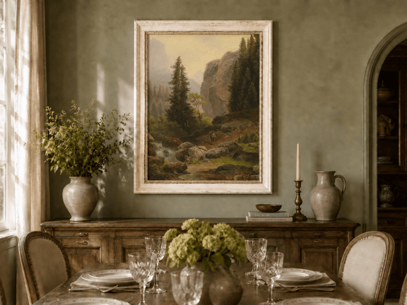 Hand-painted mountain gorge, stream and pine-filled rocks landscape oil painting displayed in a dining room interior.