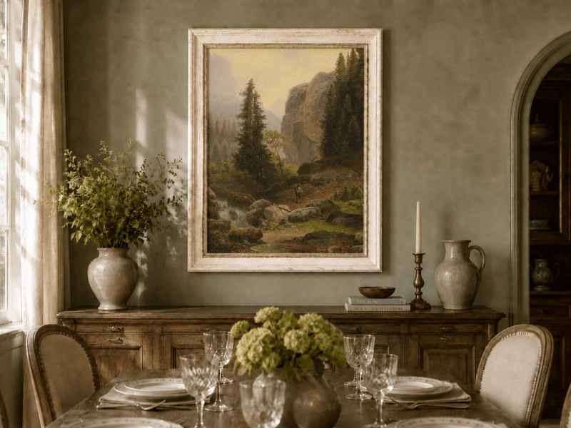 Hand-painted mountain gorge, stream and pine-filled rocks landscape oil painting displayed in a dining room interior.