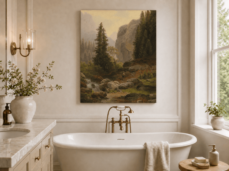 Landscape Oil Painting - Mountain Gorge, Stream & Pine-Filled