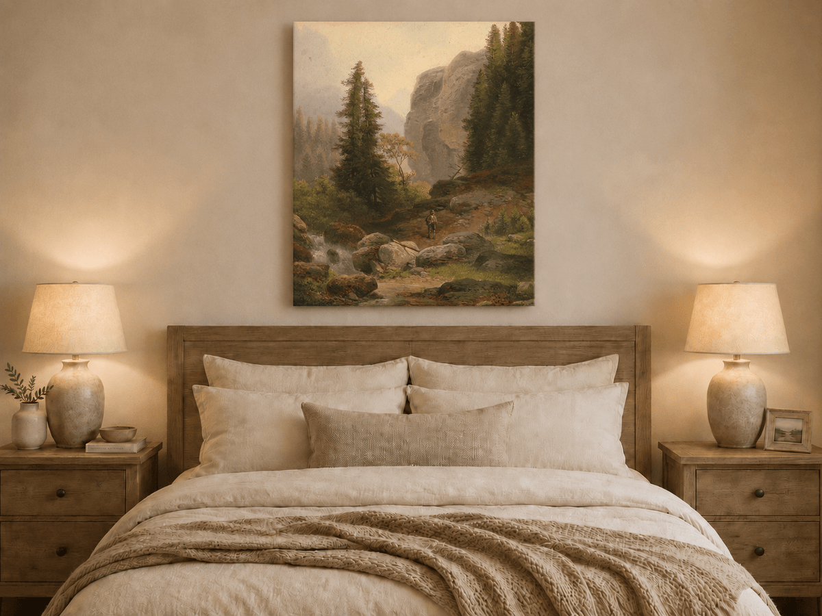 Landscape Oil Painting - Mountain Gorge, Stream & Pine-Filled