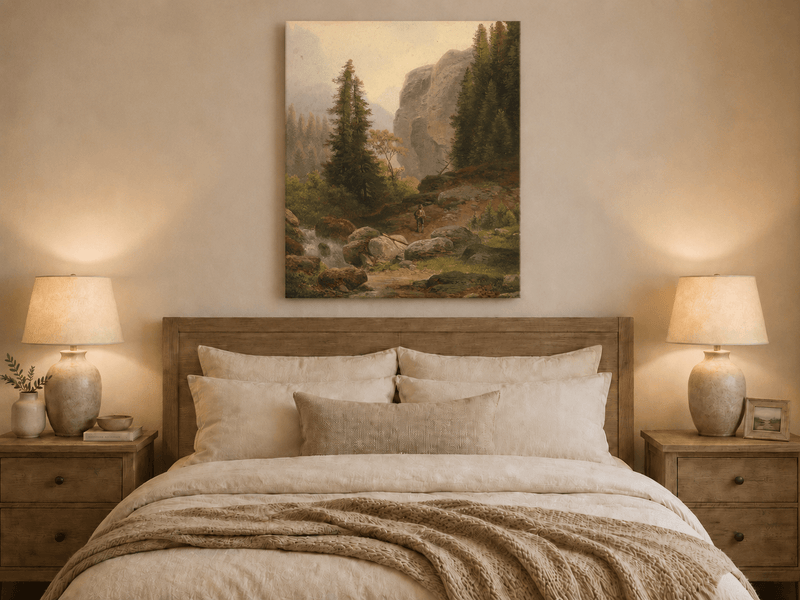 Landscape Oil Painting - Mountain Gorge, Stream & Pine-Filled