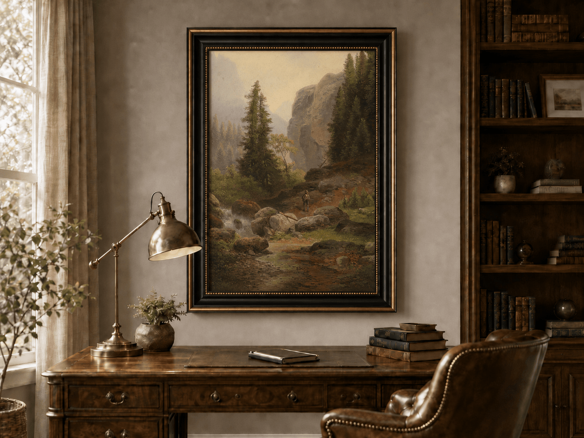 Hand-painted mountain gorge, stream and pine-filled rocks landscape oil painting displayed above a desk in a home office interior.