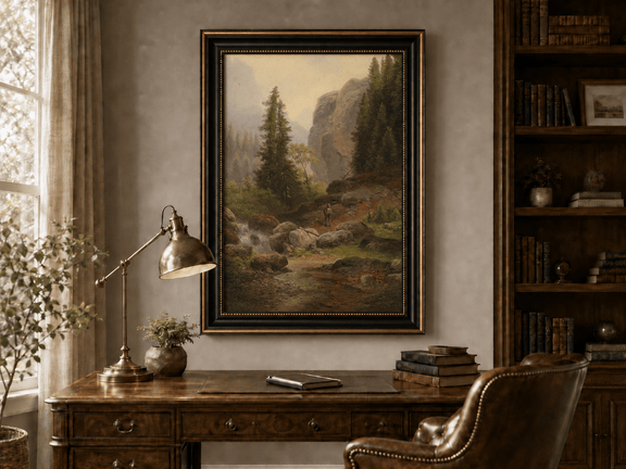 Hand-painted mountain gorge, stream and pine-filled rocks landscape oil painting displayed above a desk in a home office interior.