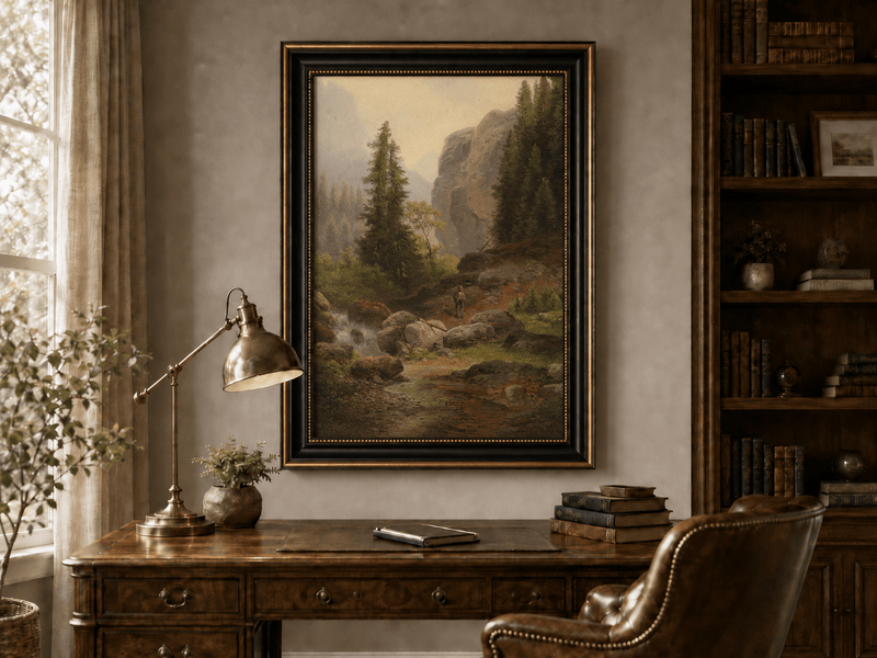 Hand-painted mountain gorge, stream and pine-filled rocks landscape oil painting displayed above a desk in a home office interior.