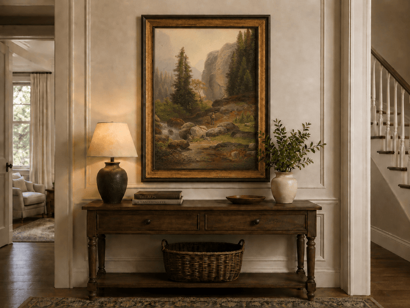Hand-painted mountain gorge, stream and pine-filled rocks landscape oil painting displayed above a console table in a hallway interior.