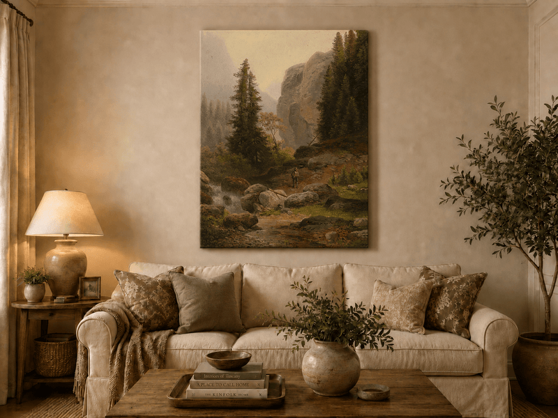 Landscape Oil Painting - Mountain Gorge, Stream & Pine-Filled