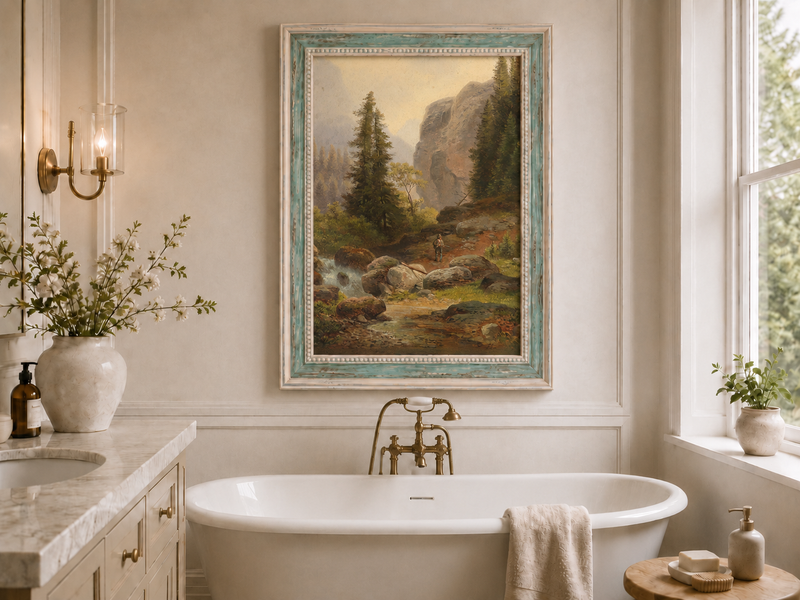 Hand-painted mountain gorge, stream and pine-filled rocks landscape oil painting displayed in a bathroom interior above a bathtub.