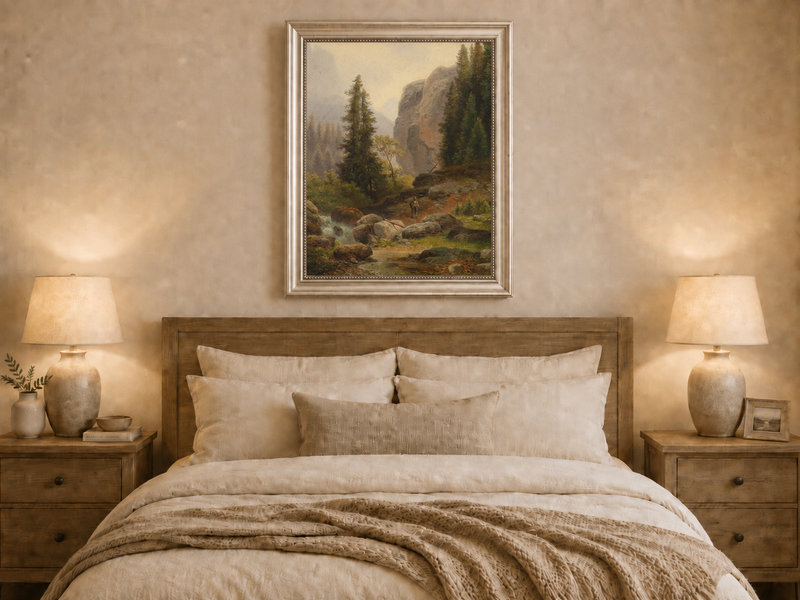 Hand-painted mountain gorge, stream and pine-filled rocks landscape oil painting displayed above a bed in a bedroom interior.