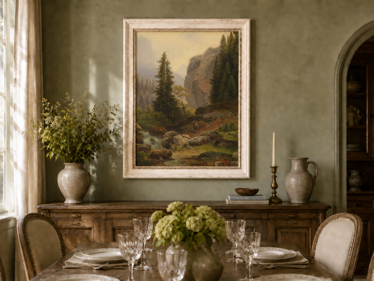 Hand-painted mountain gorge, stream and pine-filled rocks landscape oil painting displayed in a dining room interior.